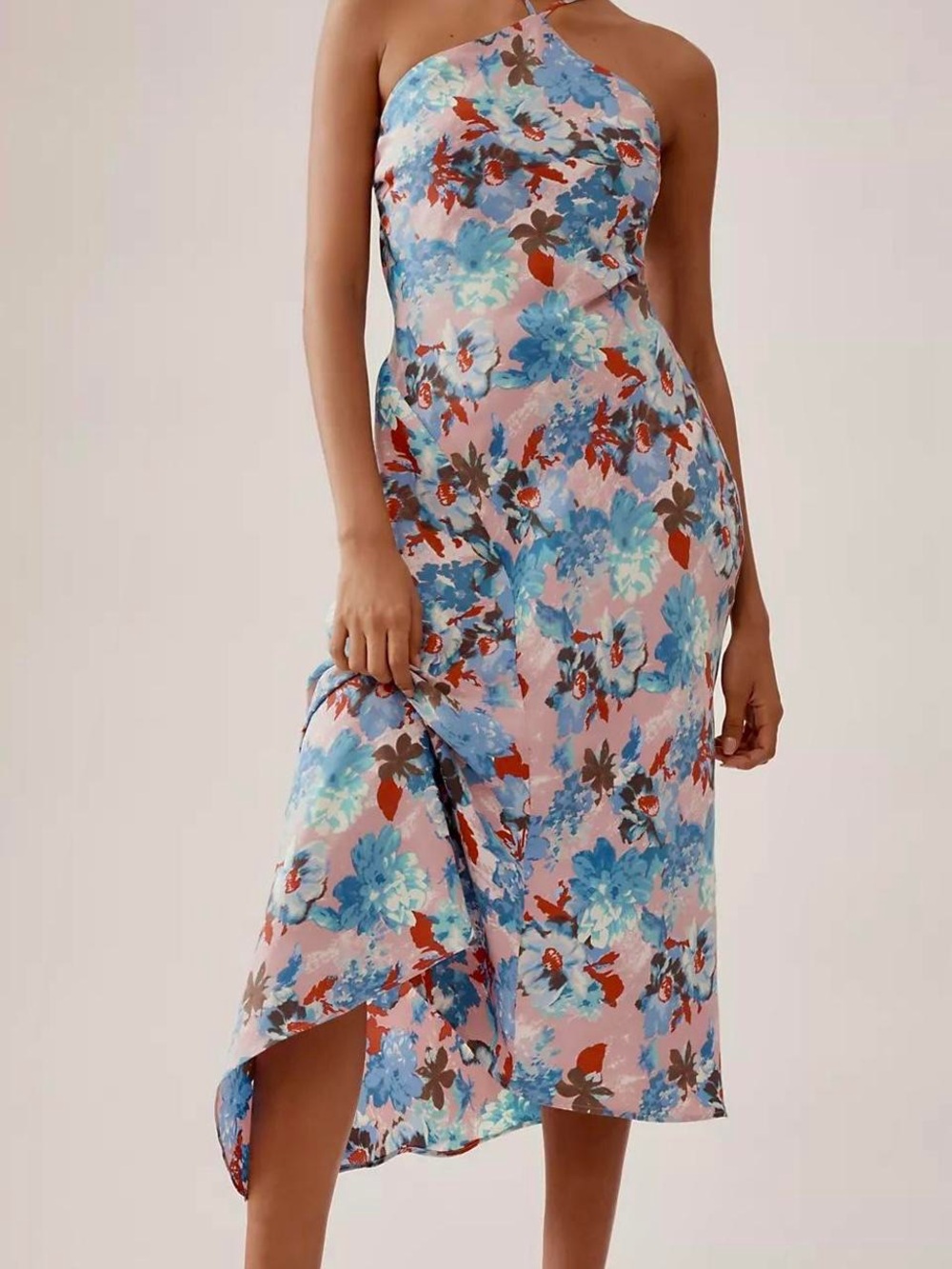 Anthropologie Floral Halter Asymmetric Midi Dress